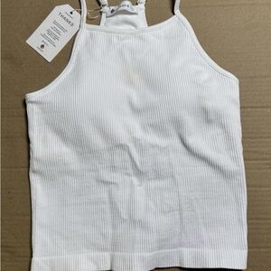 LASLULU White Ribbed Tank Top Sleeveless Crop Top Racerback Stretch Womens L